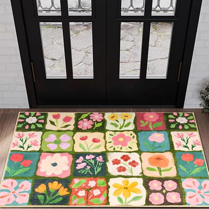 Vintage Floral Bathroom Rugs Non Slip, Thin Spring Country Colorful Flowers Botanical Indoor Doormat Washable, Cute Boho Aesthetic 2x3 Small Area Rugs for Kitchen Bedroom Laundry Entryway