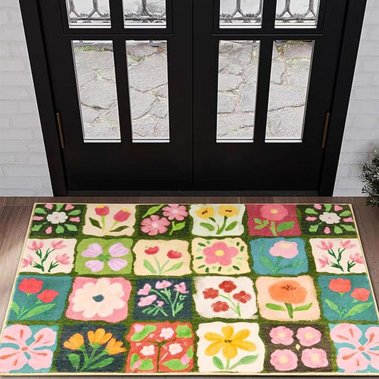 Vintage Floral Bathroom Rugs Non Slip, Thin Spring Country Colorful Flowers Botanical Indoor Doormat Washable, Cute Boho Aesthetic 2x3 Small Area Rugs for Kitchen Bedroom Laundry Entryway