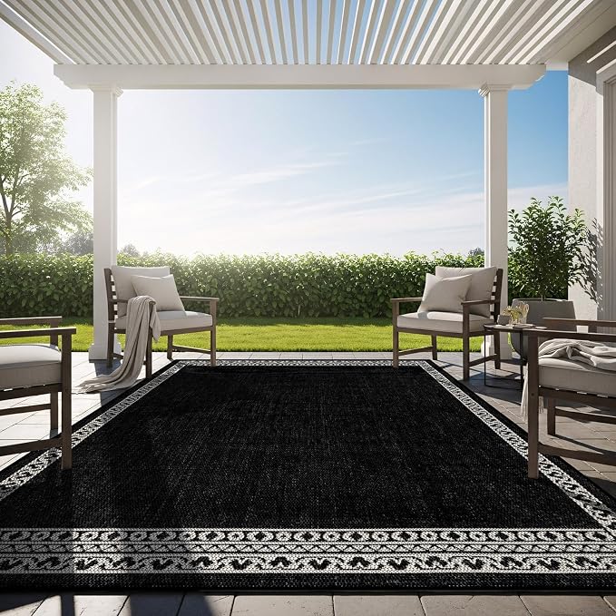 Washable Outdoor Rug 6x9 Modern Area Rugs Outdoor Carpets Bordered Pattern Non Shedding Waterproof Easy Clean Patio Deck Porch Living Room Bedroom Garden RV (6 X 9 Black)