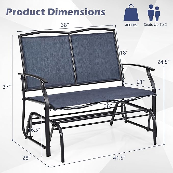Tangkula 2-Person Patio Swing Glider Bench, Outdoor Rocker Glider Loveseat Chair W/Heavy-Duty Steel Frame, Breathable Seat Fabric, Rocking Lounge Chair for Poolside, Garden, Backyard (Dark Blue)