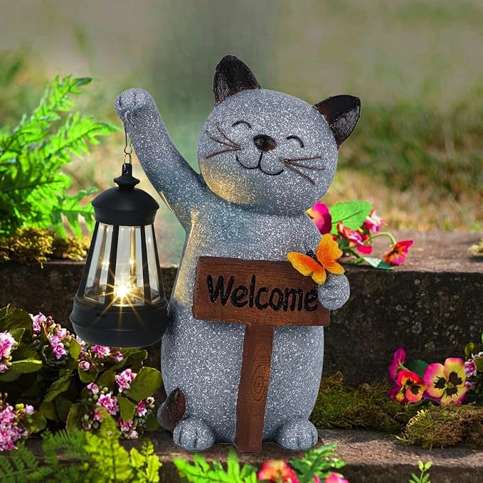 Juegoal Garden Statue Solar Cat Figurine with LED Lantern, Mothers Day 10" Resin Kitten Hold Welcome Sign, Outdoor Whimsical Lawn Porch, Lighted Housewarming Birthday for Mom Grandma
