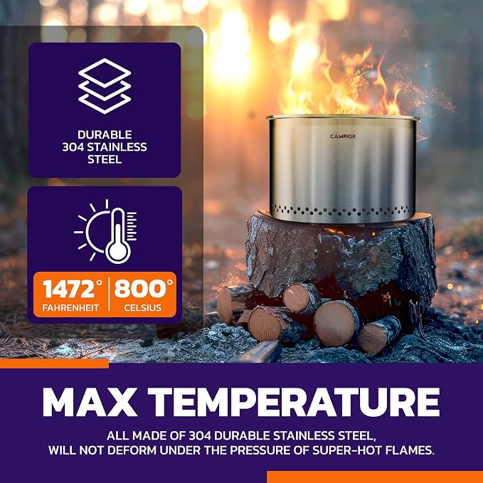 CAMPIOR Large Wood Burning Fire Pit Stove - Smokeless Outdoor Stove for Efficient Wood Fires, Camping, Cooking, and Garden Gatherings, Durable Stainless Steel with Removable Ash Pan, 20.94 lbs