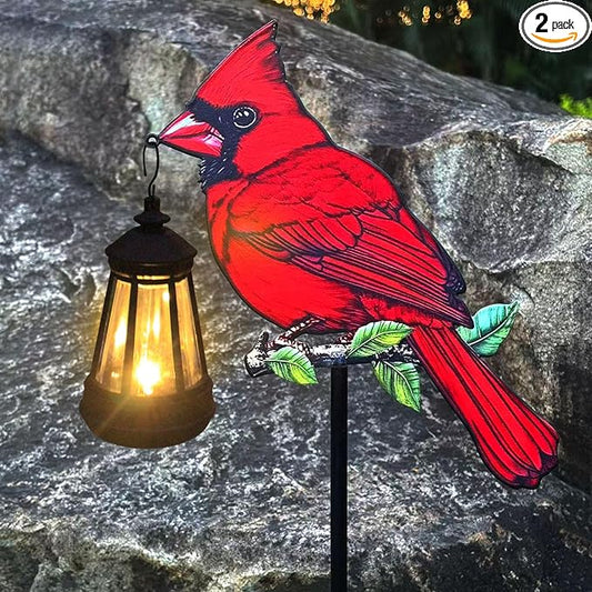 2 Pack Solar Lanterns Outdoor Decor Solar Bule Jay Lanterns Solar Cardinal Redbird Lights Metal Stake Yard Garden Decor Art Figurine Waterproof LED Lights Gifts for Mom Grandma Women (Red Bird)