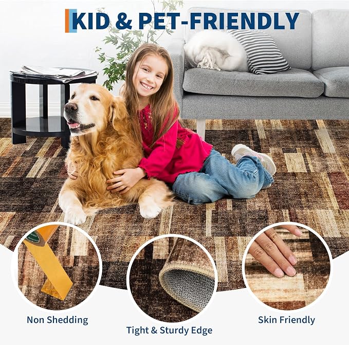 GarveeHome Large Living Room Area Rug 8x10 - Machine Washable Modern Rugs Geometric Neutral Rug Non-Shedding Low Pile Farmhouse Carpet for Bedroom Nursery Classroom Dorm 8 ft x10 ft Brown