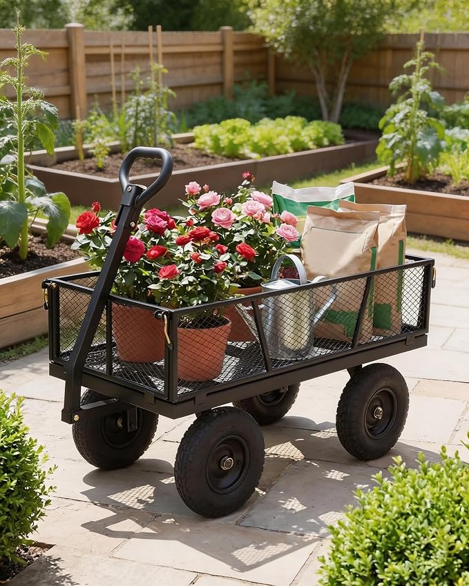 GarveeTech 800LBS Heavy Duty Steel Garden Cart, Garden Wagon Cart on Wheels, Metal Yard Utility Wagon with Removable Mesh Sides, 10" All Terrain Tires, 180° Rotating Handle for Lawn, Garden, Farm