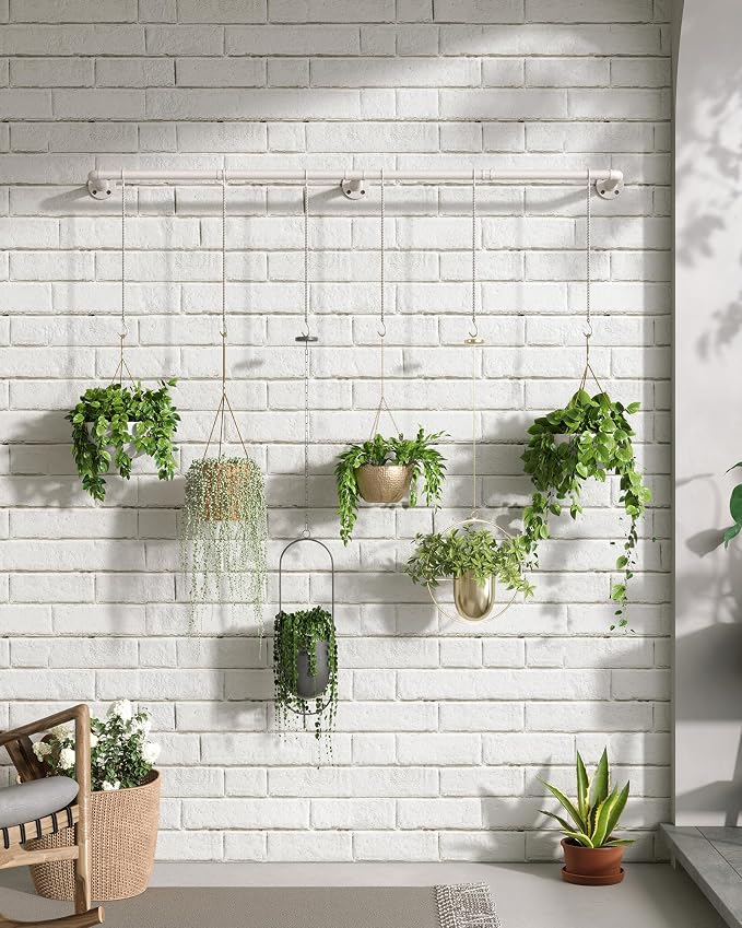 SOFITORG 65.7" Metal Plant Hanging Rod with 6 Chains, Pots Not Included | Wall Plant Hanging Bar, Durable Hanging planter holder for Window Ceiling, Easy Assembly, All Hardware Included, White