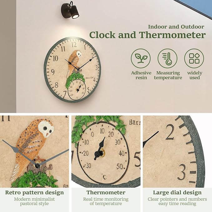 Outdoor Clock with Thermometer, Poly Resin Indoor and Outdoor Clock, Hanging Wall Clock, 12 Inch Retro Waterproof Wall Clocks for Patio, Pool, and Indoor Areas (Owl)
