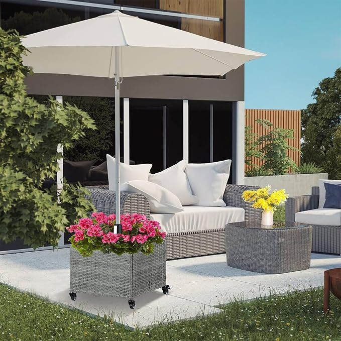 SUNNYPARK Umbrella Base with Wheels and Fillable Planter 2 in 1 | 120lbs Capacity, Heavy Duty, Hand Woven Rattan Style, Portable Decorative Umbrella Stand for Garden Backyard Deck Poolside