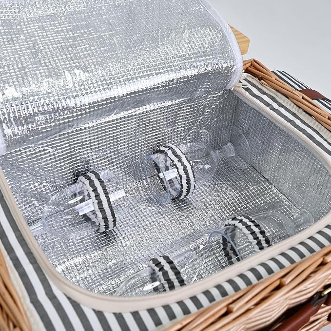 Multifunctional Wicker Picnic Basket Set for 4 with Blanket and Picnic Table, Insulated Picnic Set with Full Tablewares for Camping Outdoor Couples, Stripes
