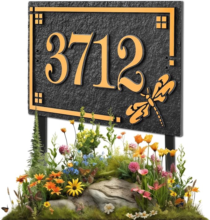 House Address Sign Address Plaque for Outside Custom Street Name Address Sign House Number with Lawn Stake (Black/Gold)