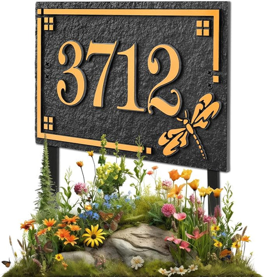 House Address Sign Address Plaque for Outside Custom Street Name Address Sign House Number with Lawn Stake (Black/Gold)
