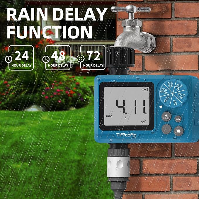 TiFFCOFiO Sprinkler Timer Outdoor, Digital Pogrammable for Garden Hose, Irrigrtion Timer with Rain Delay and Manual Mode (2 Packs)