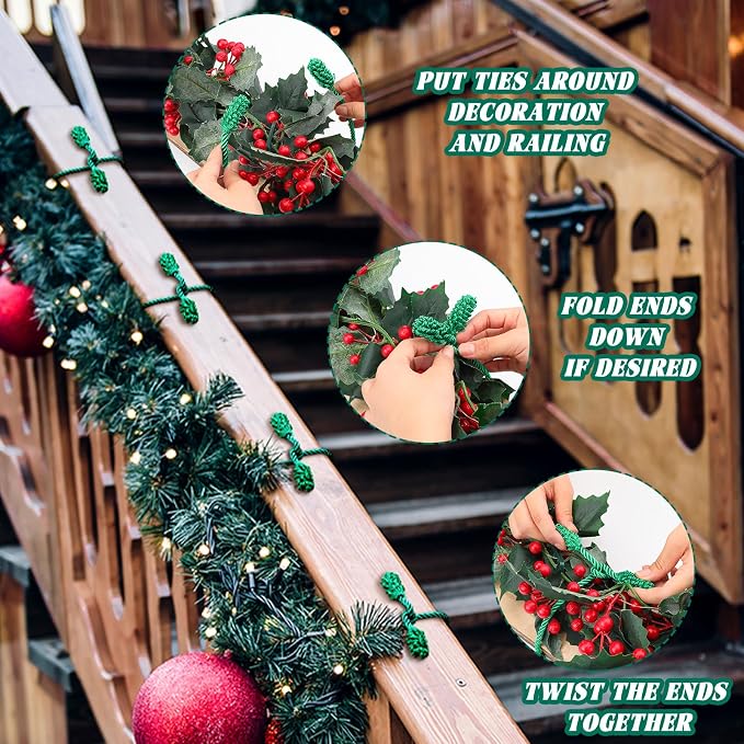 Riakrum 20 Pcs Christmas 20 Inches and 16 Inches Set Decorative Garland Twist Ties Garland Decor for Xmas Holiday Lights Bannisters Stairways Railings (Green)
