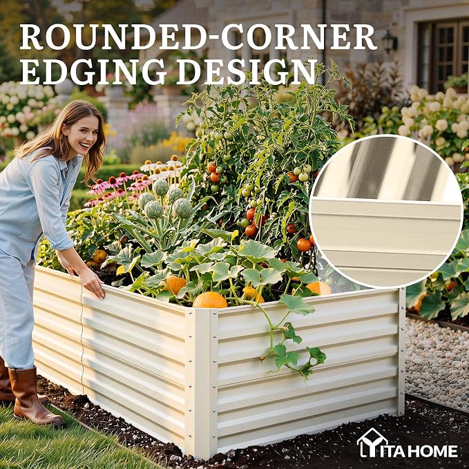 YITAHOME 2pcs 6x3x2ft Galvanized Raised Garden Bed, Metal Planter Box with Safety Rubber, Gloves, Outdoor Flower Bed for Planting Plants Vegetables, Cream Yellow