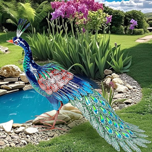 Kircust Outdoor Metal Peacock Statue, 24" L | Decor Art, Garden Sculpture, Weatherproof, Handcrafted For Patio, Yard, Home