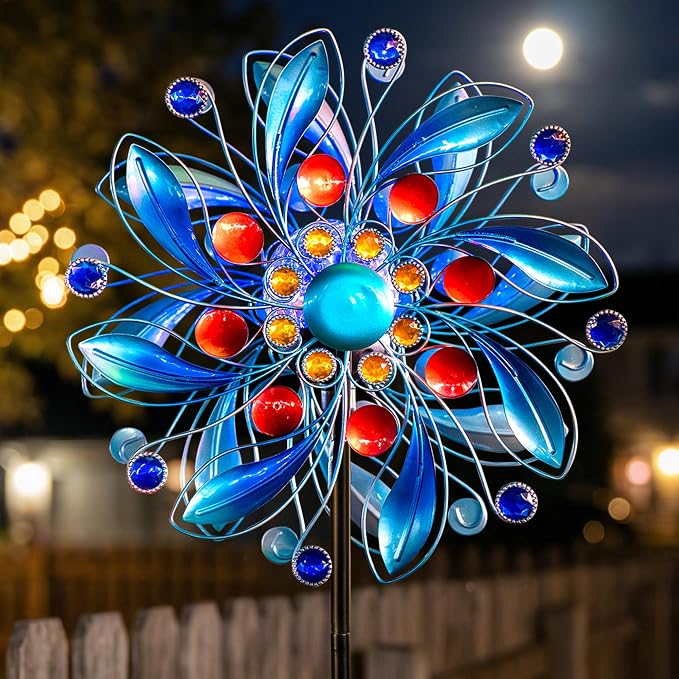 Solar Wind Spinner with Glass Ball - Lighted Kinetic Metal Yard Art with Jeweled Accents - Vibrant Blue Floral Windmill Outdoor Garden Decor for Patio, Lawn, and Pathway