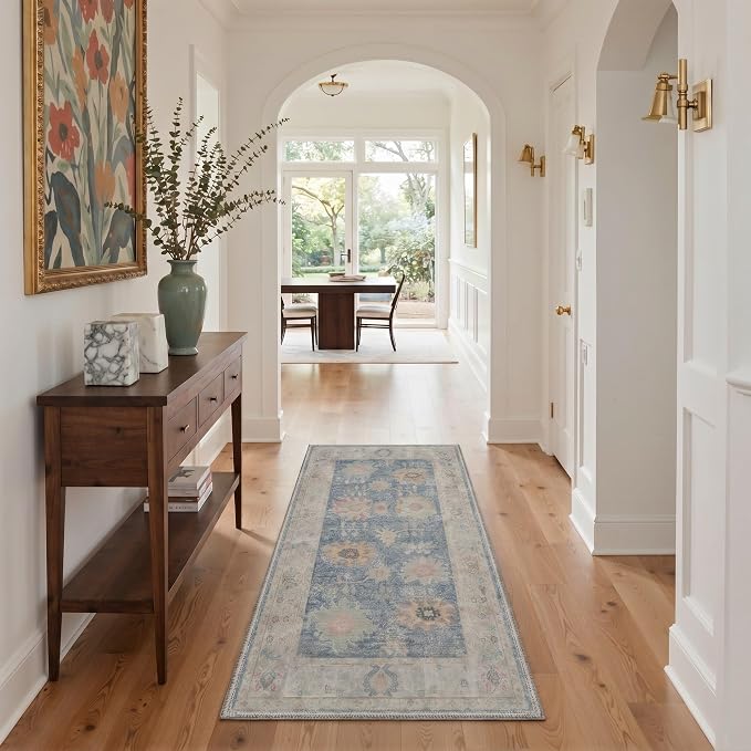 2X5 Washable Hallway Runner Rug, Boho Vintage Floral Non Slip | Dusty Blue Floral Runner, Soft Faux Wool Rug for Corridor Kitchen Entryway, Stain Resistant, Pet-Friendly, Non-Shedding, Thin