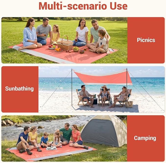 Wolfwise 108" × 120" XXL Beach Blanket, Waterproof & Sandproof Picnic Mat with 4 Sand Pockets & 4 Stakes, Windproof Outdoor Camping Beach Mat, Lightweight, Fits 8 People, Green