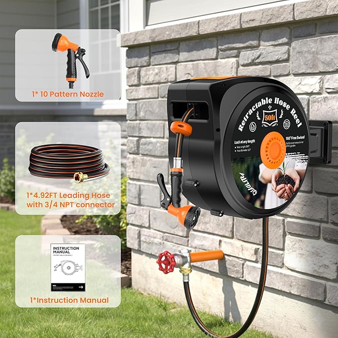 Retractable Garden Hose Reel, 1/2 in x 50 ft Wall Mounted Hose Reel Heavy Duty with 10-Function Sprayer Nozzle, Any Length Lock, Slow Return System, 180°Swivel Bracke for Large Yard Lawn Car Washing