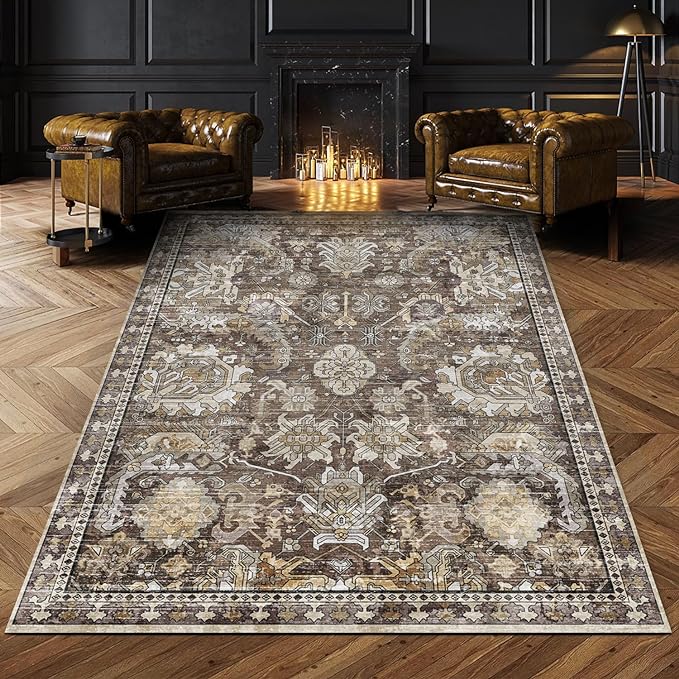 Washable Area Rugs - Perfect for Living Room, Bedroom, Kids Room, Nursery - Stain & Water Resistant Non-Slip, Pet & Child Friendly, Vintage Tribal Area Rugs (Ivory, 5' x 7')