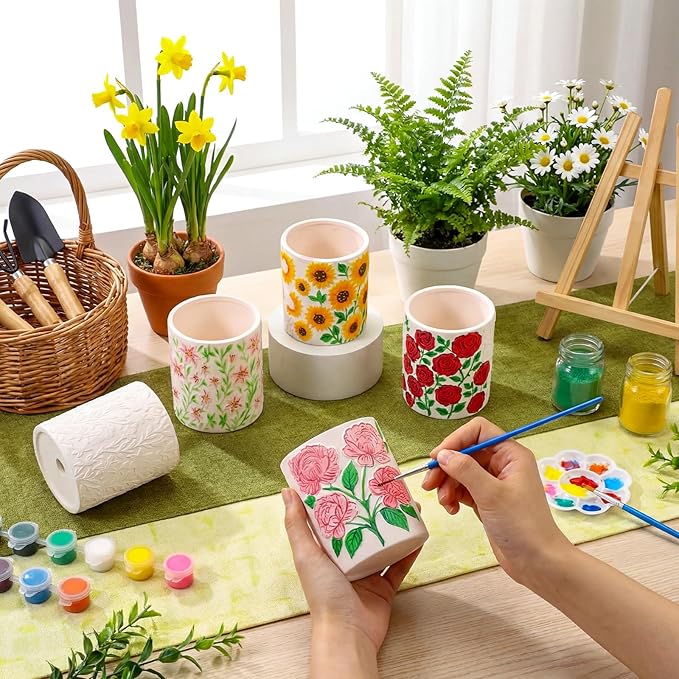Zubebe 12 Pcs Paint Your Own Ceramic Pots Bulk Unfinished Succulent Pots Craft Kit with Drainage Hole Mini Paintable Plant Vase Ready to Paint Planter for Cactus DIY Craft (Elegant Flowers Cylinder)
