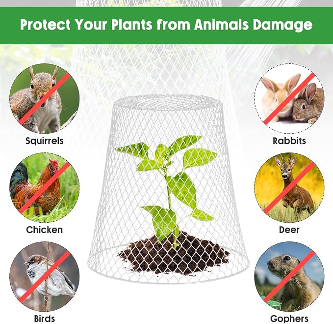 Geosar 30 Pcs 9 Inch Chicken Wire Cloche Plant Protector Cover Metal Garden Cloche Netting Protection Cages Vegetables Flowers with Garden Stakes Avoiding Chicken Rabbit Squirrels Birds (White)