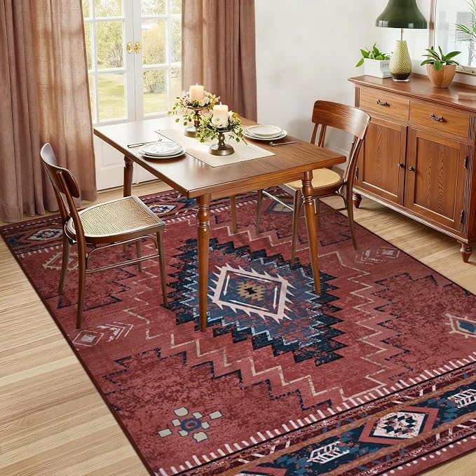 Yinhua 3x5 Entryway Rug Washable, Rust Western Area Rug Low-Pile | Non-Slip Aztec Rugs with Rubber Backing, Ultra Soft Fall Carpet Stain Resistant for Bedside Office Hallway