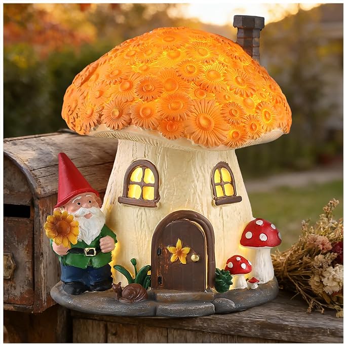7.48" Mushroom House Garden Statue with Solar Light, Sunflower and Snail | Whimsical Outdoor Garden Decor for Lawn, Balcony, Patio, Porch and Yard, Charming Housewarming Gift for Garden Lovers