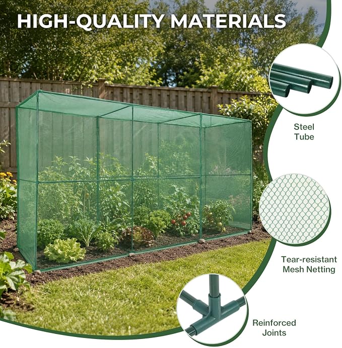 Aoodor 11x3.9x6 FT Crop Cage, Plant Protection Tent with Heavy Duty Steel Frame and Zippered Doors, Green Netting Cover for Garden, Lawn, Yard