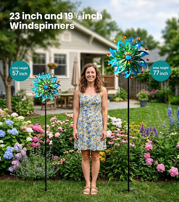 87" Large Solar Wind Spinners Outdoor, Peacock Metal Garden Decor | Handcrafted,Large,Solar-Powered Color-Changing,Rust-Proof,Weather-Resistant,Heavy-Duty,Tool-Free Assembly,Peacock