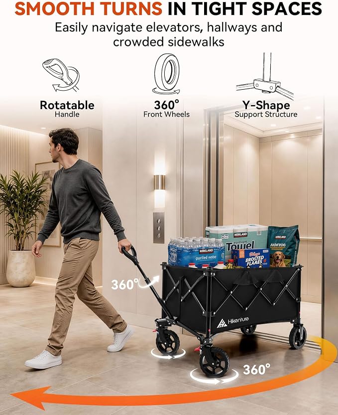 Hikenture Wagons Carts Foldable 330LBS, Heavy Duty Collapsible Wagon | Utility Wagon for Grocery, Garden, Camping & Sports Gear; One-Hand Fold; 360-Degree Wheels; Built-In Wheel Brake