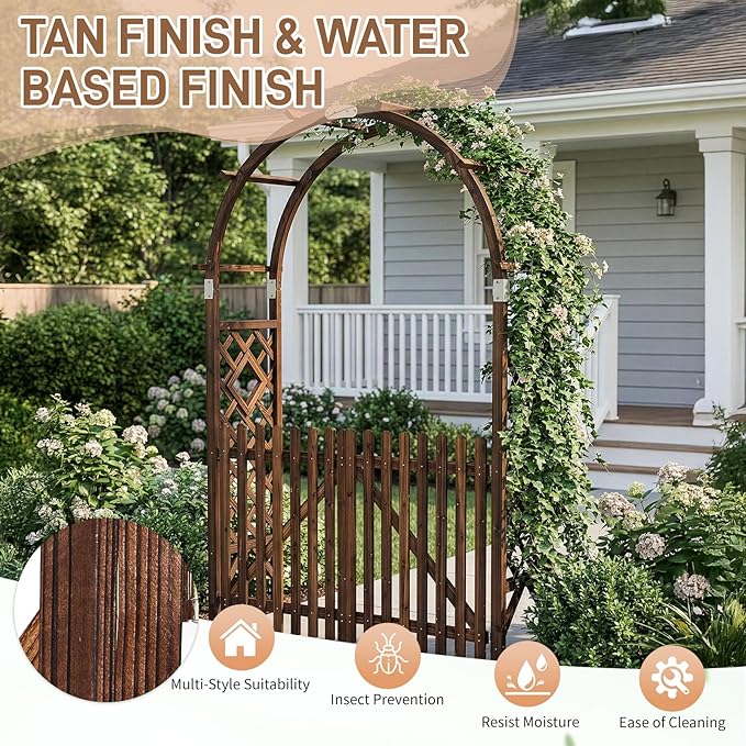 VINGLI Wooden Garden Arbor, Heavy Duty Outdoor Frame Trellis with Gate for Ceremony, Wood Trellis Garden Arch Pergola for Plant Climbing, Patio, Lawn, Wedding