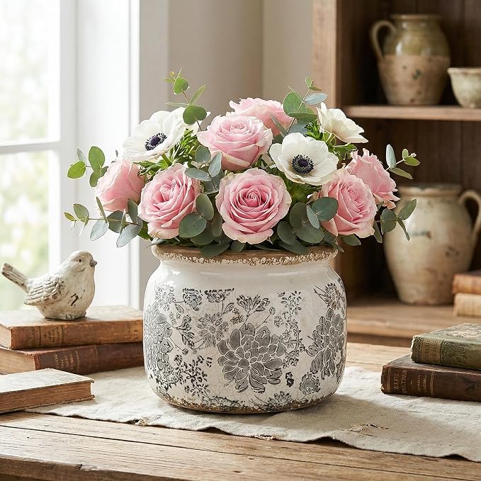 7.7" Large Ceramic Plant Pot Beige Gray Rustic Peony Crackle Glaze Rustic Flowers Pot Decorative Planter with Drainage for Indoor Outdoor Plants Home Kitchen Office Decor Gift