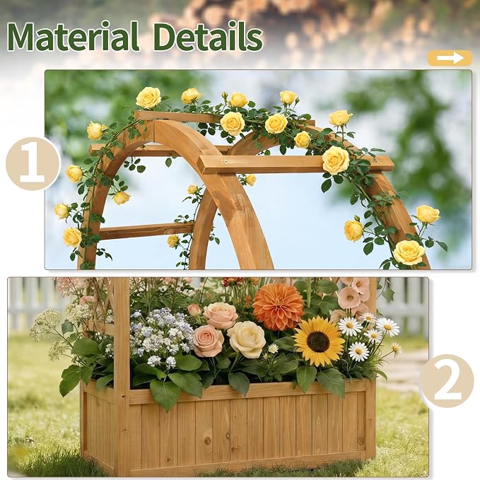 VINGLI Raised Garden Bed with Trellis & Hanging Roof, Wooden Planter Box with Drainage Holes for Outdoor Climbing Plants Vegetables Flowers, Patio Yard Balcony (Natural, Arched top)