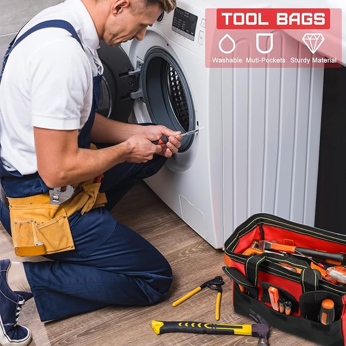 4 Pieces Tool Bag with Waterproof Strong Molded Base Multi Pockets Wide Mouth Tool Tote Multifunctional Large Capacity Organizer Heavy Duty Tools Storage Bag for Men Carpenter Electrician