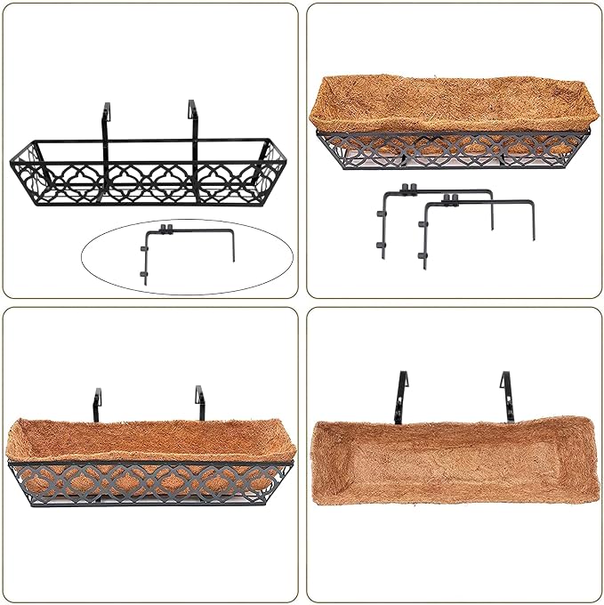 HFHOME 2 Pcs 30" Deck Railing Planter Box with Horse Trough Coco Liners, Black Window Box Metal Hanging Flower Planters Baskets for Indoor, Outdoor, Balcony, Porch, Fence, Patio, and Lawn