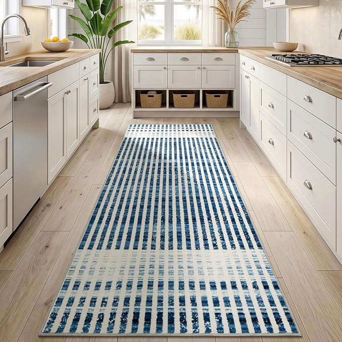 Washable 2x6 Modern Striped Area Rug, Abstract Runner for Hallway,Kitchen | Beige Blue, Soft Low Pile, Skin Friendly, Non-Slip for High Traffic, Laundry Vintage Coastal Nautical Style Home Decor