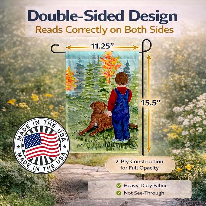 Caroline's Treasures SS8547GF Little boy with his Chesapeake Bay Retriever Garden Flag Mailbox Flag Decorative Yard Flag Banner Outside Patio Artwork Yard Flower Beds, Garden Size, Multicolor