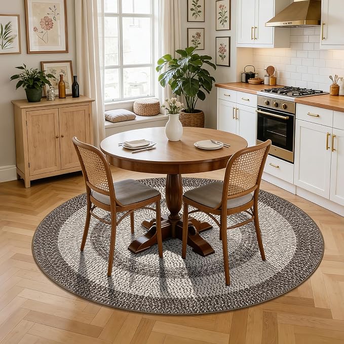 RUGSREAL Modern Bordered Round Area Rug 4ft Washable Bedroom Circle Rugs | Non Slip Stain Resistant Dining Room Round Throw Carpet Contemporary Circle Mats for Living Room Kitchen Nursery, Mocha