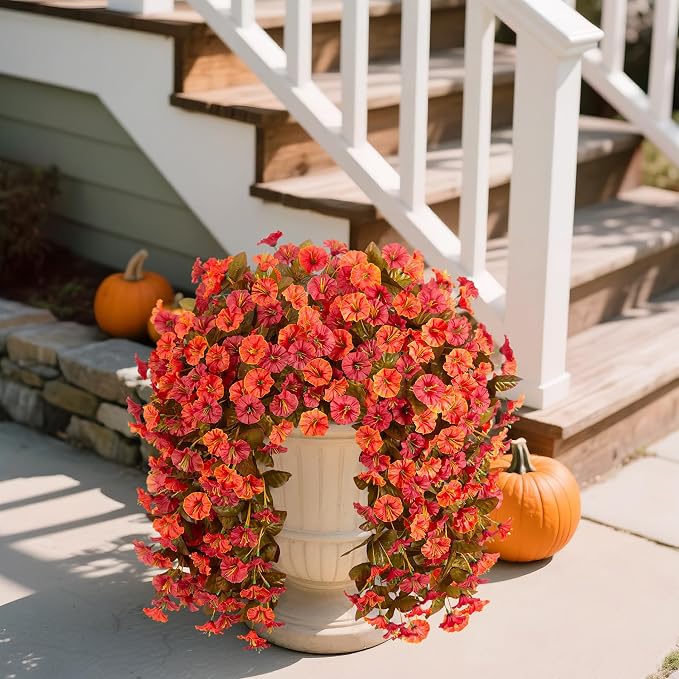 INXUGAO Artificial Flowers Plants with Hanging Basket, Fake Realistic Silk Morning Glory Petunia Long Vines, Faux Flower Arrangement for Outdoor Garden Patio Decor, OrangeRed