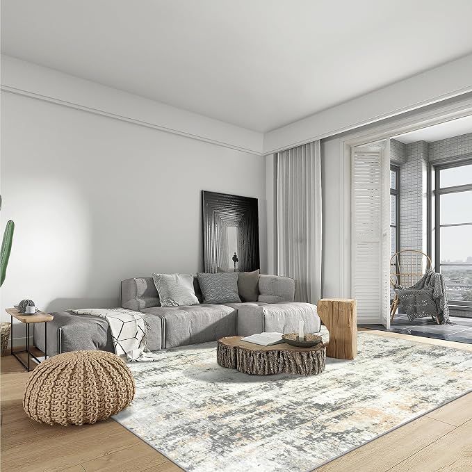 6x9 Area Rugs for Living Room: Washable Abstract Grey Brown Badroom Carpet | Non-slip TPE backing makes this washable soft low-pile rug safe & durable, Pet-friendly decor for dining room,nursery,office
