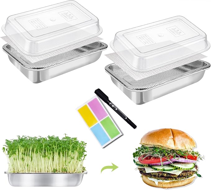 Stainless Steel Sprouts Growing Kit 2-Tier 12.4 inch Trays with Acrylic lid, Microgreens Growing Kit, Seed Sprouting Tray with Encrypted Mesh and lid Sprouts for Beans Alfalfa