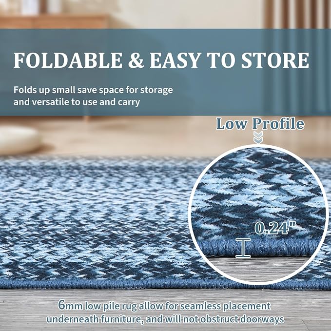 RUGSREAL 9x12 Living Room Rug Large Bedroom Washable Rug Non Slip | Indoor Throw Floor Cover Farmhouse Rustic Area Rug Modern Geometric Border Carpet for Bedroom Home Decor, Blue