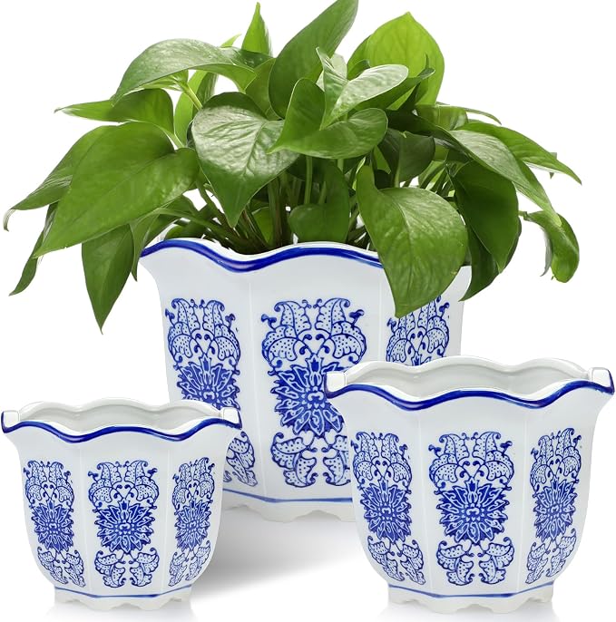 Briwooody Set of 3 Blue and White Porcelain Flower Pots 7.2'' 6'' 4'' Decorative Chinoiserie Plant Pots with Drainage Hole Saucers Ceramic Planters for Indoor Garden(Classic Style)