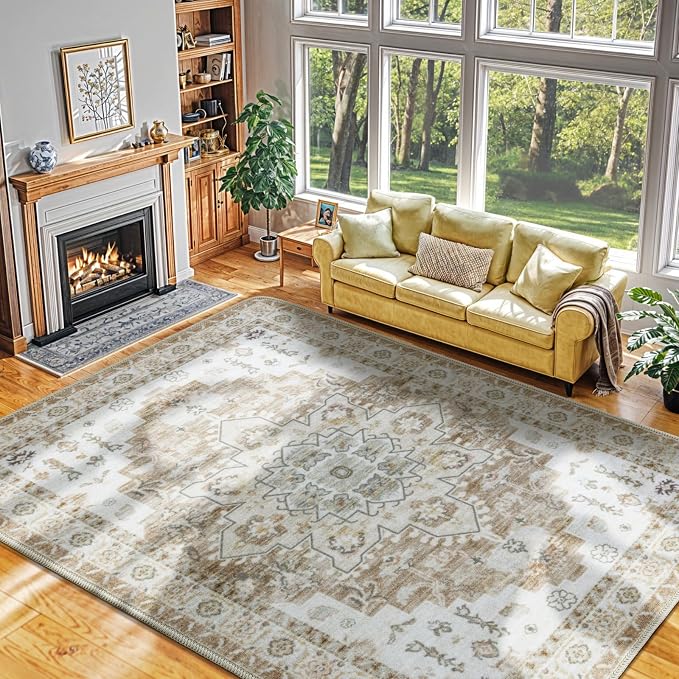 LBRO2M Machine Washable Rug Soft Pet Friendly Carpet 9X12 Cream | Persian Large Rug 9X12 for Living Room, Bedroom, Dining Room, Home Office, Non Slip Soft Carpet, Stain Resistant Rugs