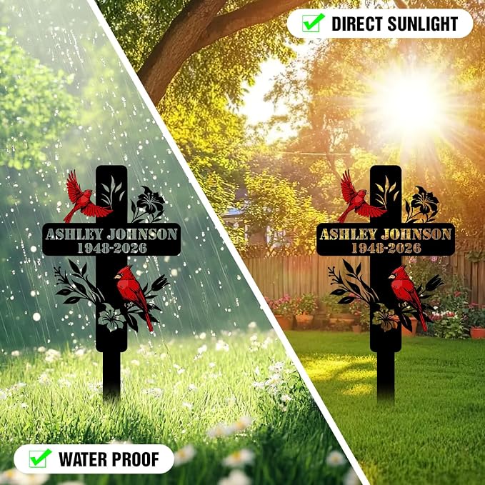 Personalized Cardinal Garden Sign with Stakes, Custom Name Sign, Yard Decor Outdoor, Memorial Gift for Mom, Garden Plaque Sympathy Gifts, loss loved Ones Cross Sign