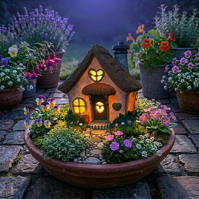 PRETMANNS Fairy House for Outside with Solar Powered LED Lights for Garden - Fairy Garden Houses for Outdoor - Miniature Accessories for Cottage Decor for Village - 7.56” High, Green