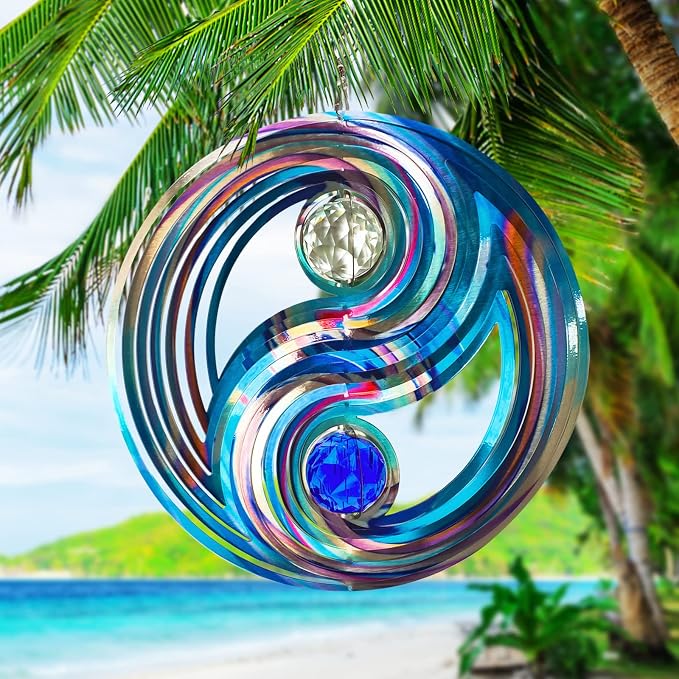 FONMY Mandala Wind Spinner w/Crystal Ball-Fengshui 3D Stainless Steel Hanging Spinners Worth Gift Christmas Decoration Indoor/Outdoor Garden Décor Kinetic Yard Art 12 Inches Wind Sculpture
