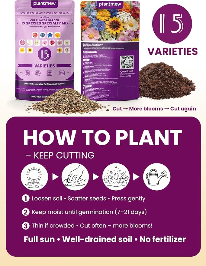 Cut Flower Seeds Mix – 15 Heirloom Varieties, 10,000+ Seeds for Outdoor Planting, High Germination, Long Vase Life (Zinnia, Sunflower, Cosmos) – Covers 120 sq.ft. – Florist Curated for Bouquets