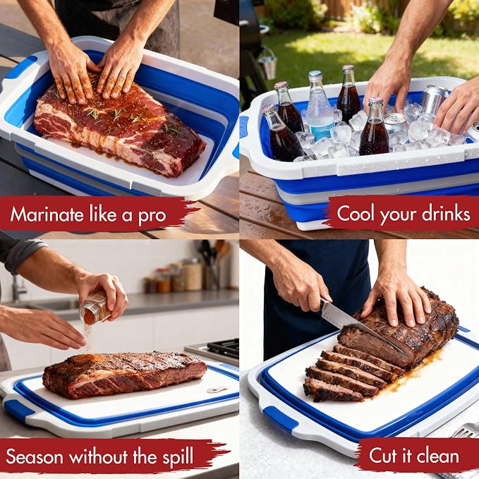 KITCHEN PERFECTION Collapsible XL Smoker & BBQ Prep Tub with Locking Lid | Includes Cutting Board, Meat Marinade & Brine Container For Turkey, Brisket & Ribs - Best Grill Accessories Gifts For Men